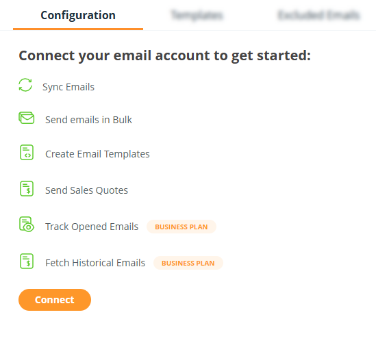 Email sync | Configuration settings page | Connect button at the bottom