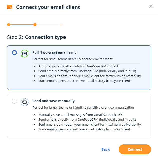 Email sync | Choose your connection type