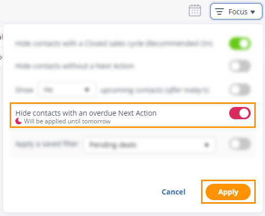 Action Stream | Focus Mode | Hide contacts with an overdue Next Action
