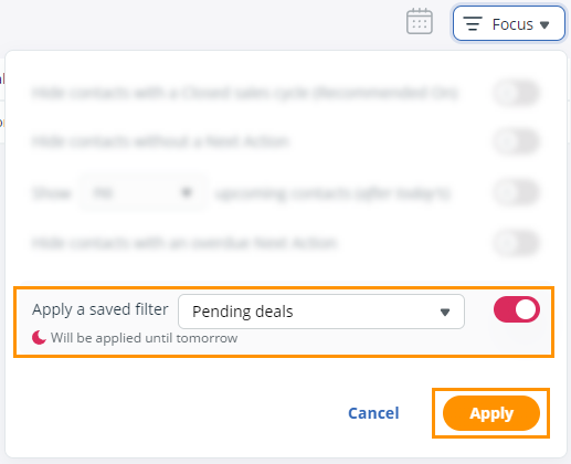 Action Stream | Focus Mode | Apply a saved filter