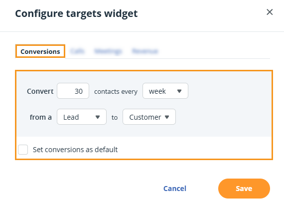 Action Stream | Configure Targets widget for Conversions of Status labels