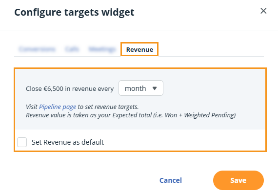 Action Stream | Configure Targets widget for Revenue