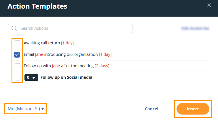 Action Templates Editor | Select actions and user, then click Save.
