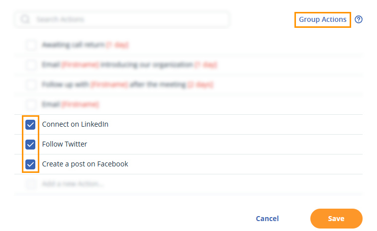 Contact profile | Action Templates pop-up | select templates to be grouped
