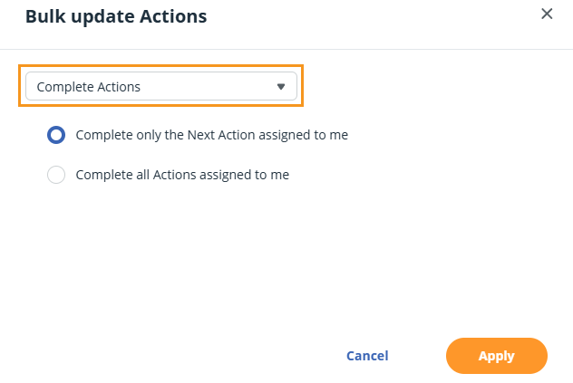Action Stream | Bulk update pop-up | Complete Actions