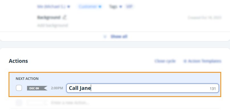 Contact profile page l Next Action text example for natural language.