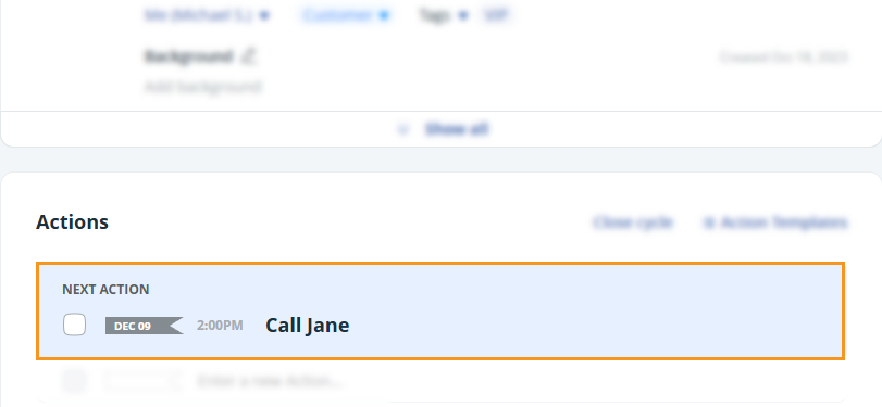 Contact profile page l Next Action text example for natural language has been saved.