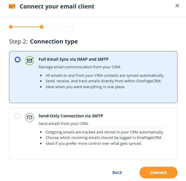 Email sync | Choose your connection type
