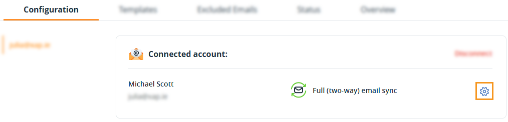 Email sync | IMAP/SMTP connected | Reconfigure the synced folders by selecting the Gear icon