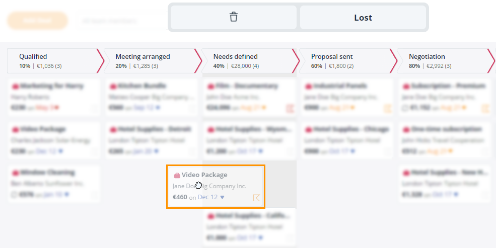 Click and hold to drag and drop a deal card into another Deal Stage.