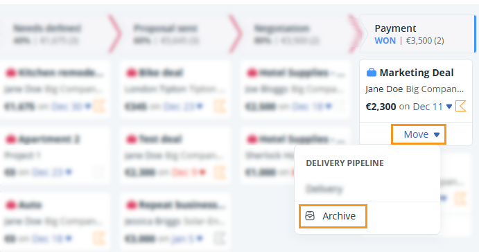 Pipeline Page | Sales Pipeline | Click on Move and select Archive