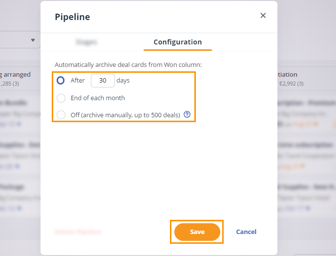 Gear icon pop up window l Configuration tab l configure archive deal feature.