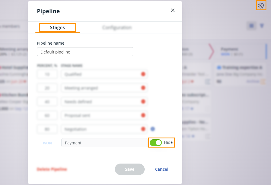 Toggle the hide column by clicking on the Gear icon and using the slider under the Stages tab.