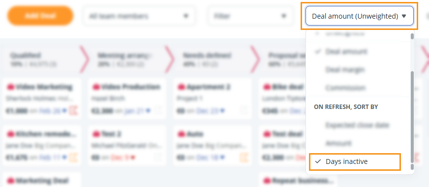 Pipeline Page l Kanban View icon l Pipeline Values l Select Days inactive