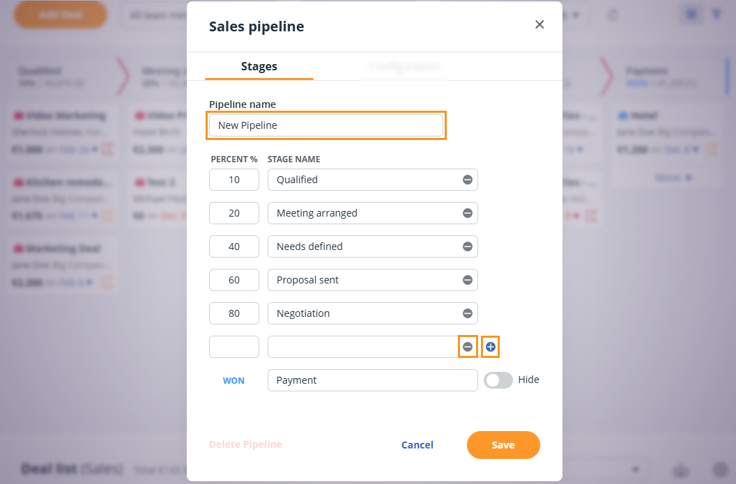 Configure Pipeline pop-up window
