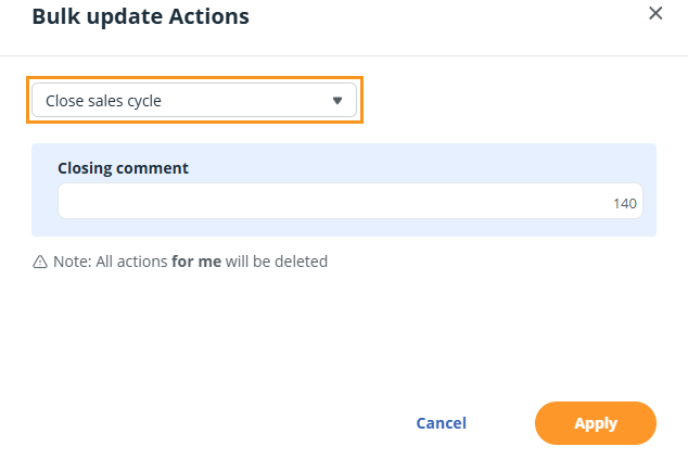 Action Stream | Bulk update pop-up | Close sales cycle