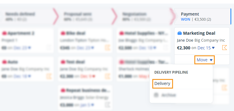 Click on Move on a deal in the Won column and select a Delivery Pipeline.