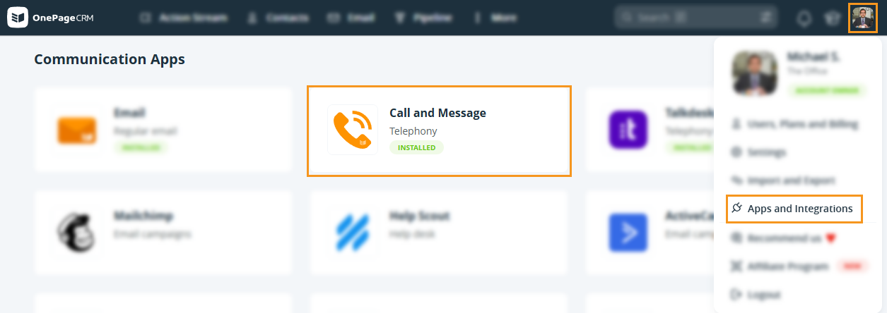 OnePageCRM | Apps and Integration page | Under Communication Apps, Call and Message is highlighted with an orange box.