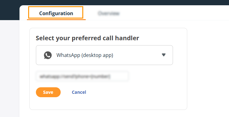 OnePageCRM | Click-to-Call Configuration page | Select your preferred call handler is set to WhatsApp (desktop app)