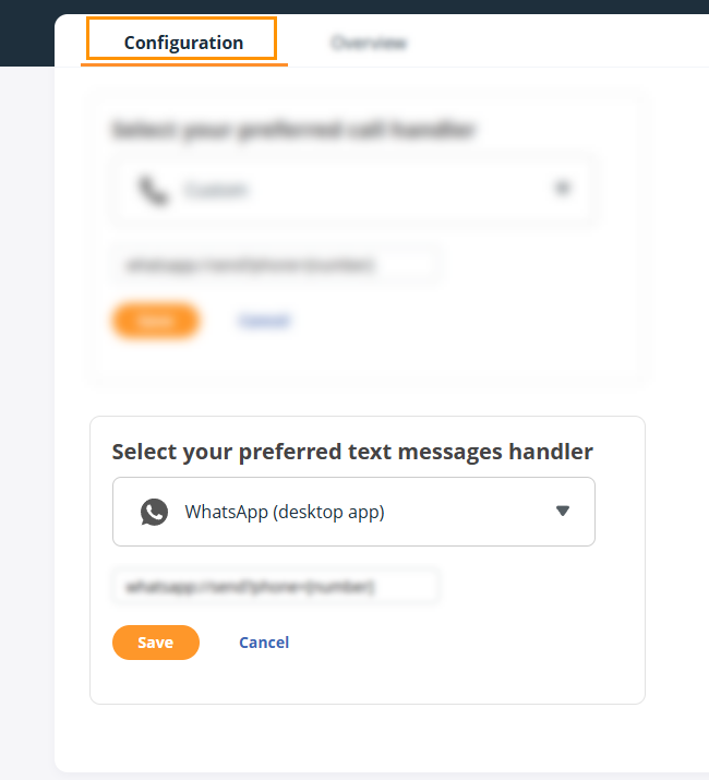 OnePageCRM | Click-to-Call Configuration page | Select your preferred call handler is set to WhatsApp desktop app or browser