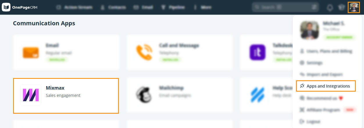 Apps and Integrations page | MixMax