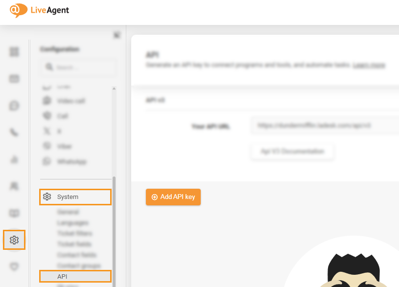 LiveAgent | Gear icon | System | API page