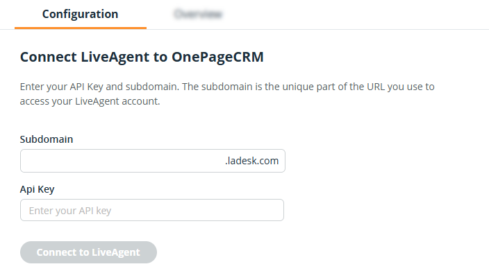OnePageCRM | LiveAgent Configuration page