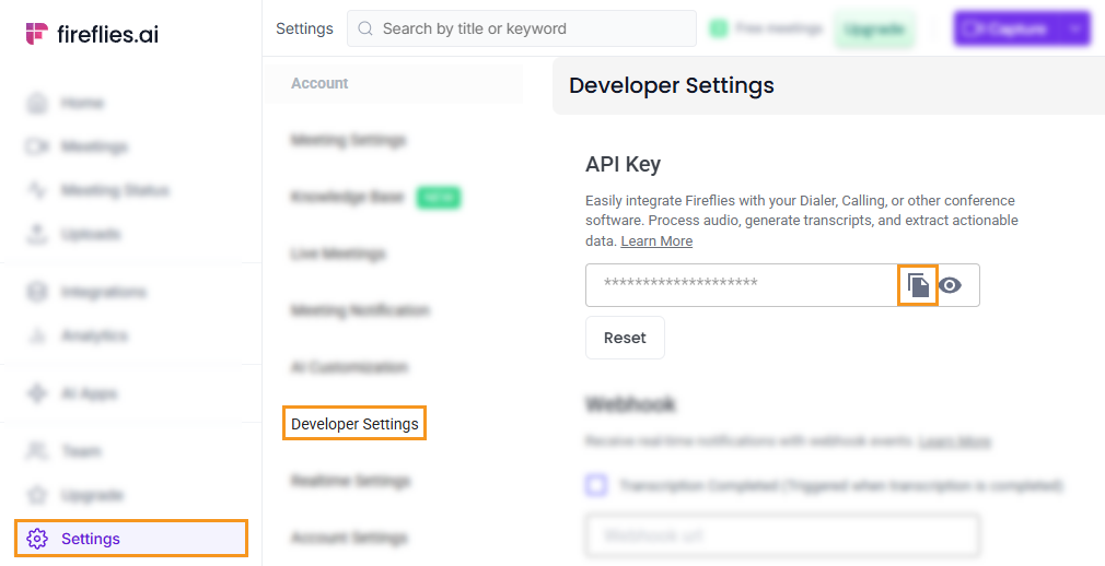 Fireflies.ai | Settings | Developer Settings | copy API Key