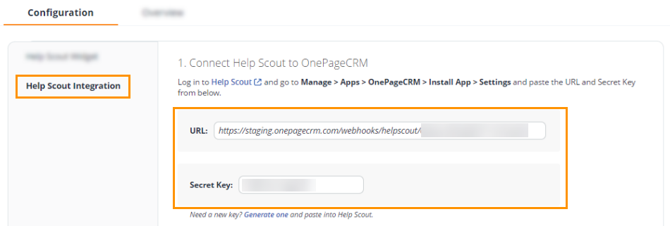 In OnePageCRM account you can find the URL and secret key on the Help Scout integration page.