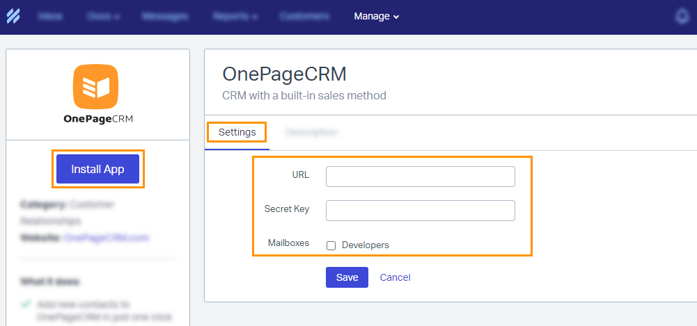 In your Help Scout browser tab click on Install App, go to the Settings tab and paste the URL and Secret key. Click save.