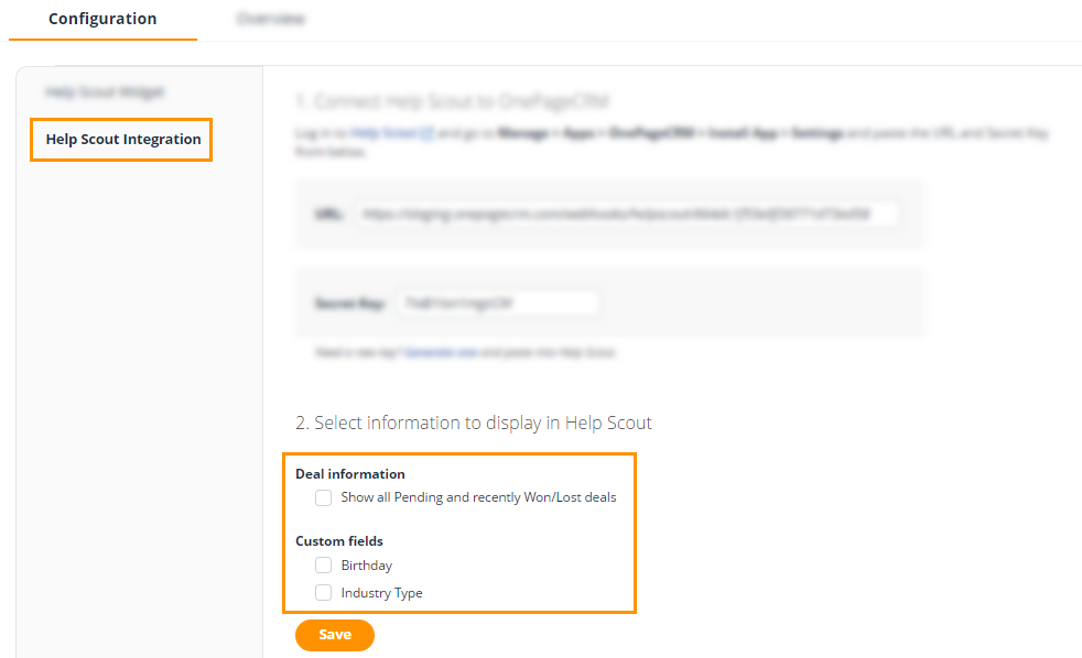 Helpscout configuration page, under Help Scout integration select data to be displayed in Help Scout.
