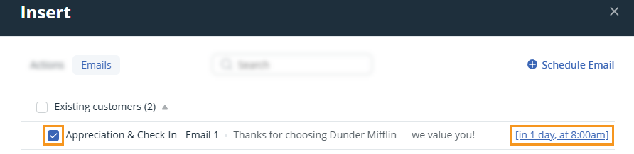 OnePageCRM | Insert pop-up window | Reschedule email