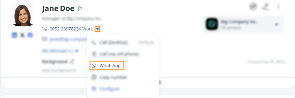 OnePageCRM contact page | phone number dropdown