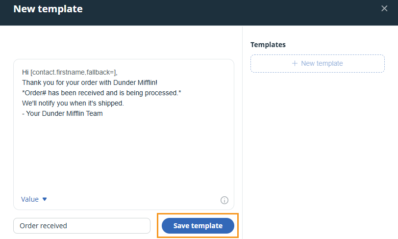 New template | Add text and name | click on Save template