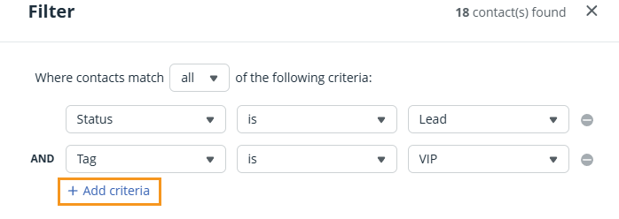 Filter pop-up | Add criteria