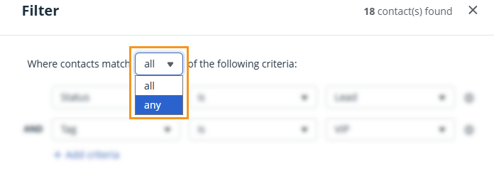Filter pop-up | All/Any criteria match dropdown
