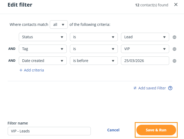 Edit saved filter pop-up