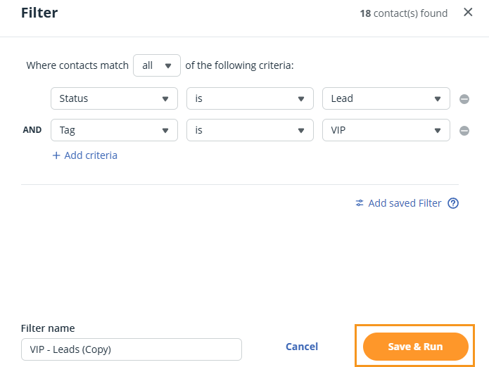 Cloned saved filter pop-up