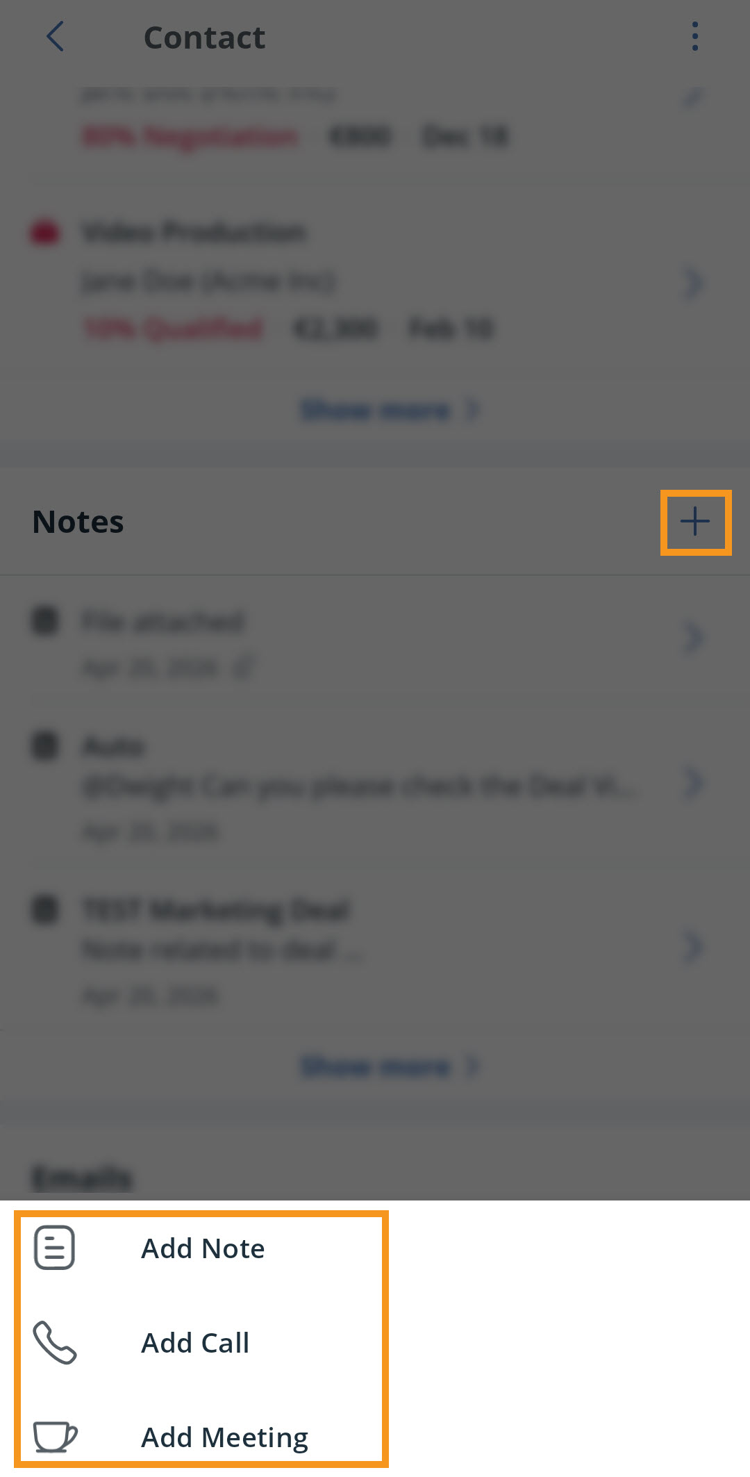 Android Mobile app | Contact profile | Notes section | plus icon | Notes options