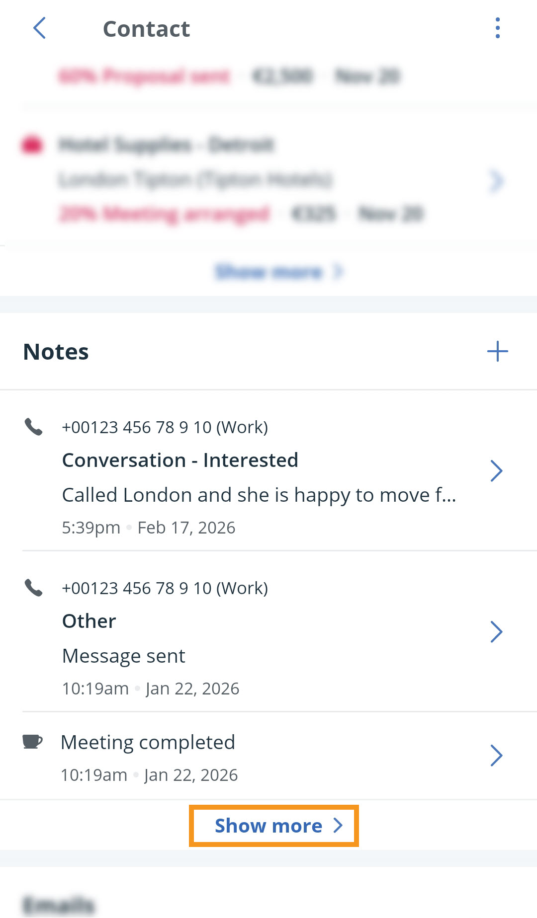Android Mobile app | contact profile | Notes section | Show more