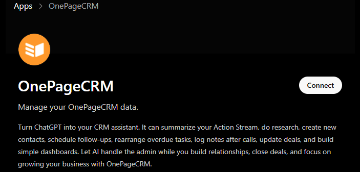 ChatGPT | Apps | OnePageCRM connector | Connect