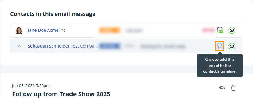 Email page | Inbox | Contacts in this email message | Not stored