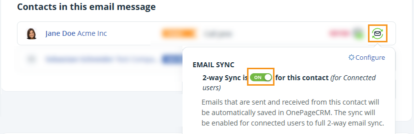 Email page | Inbox | Contacts in this email message | Email sync toggle ON