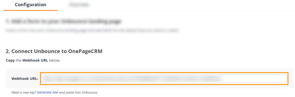OnePageCRM l Unbounce configuration page