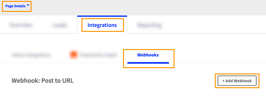 Unbounce l Page details l Integrations l Webhooks l + Add Webhook