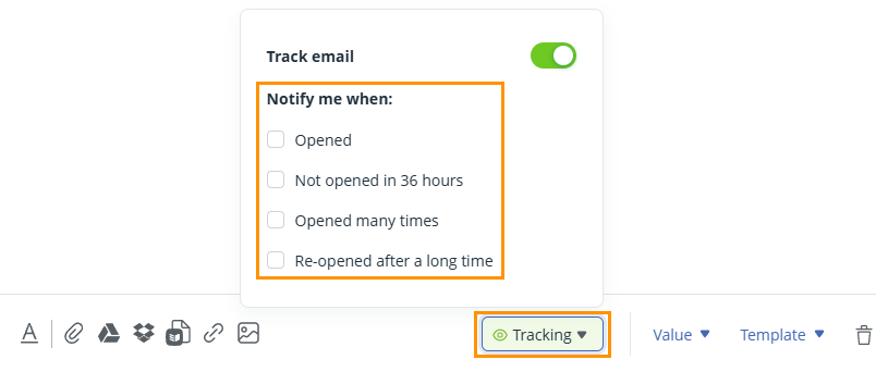 OnePageCRM | Email message editor | Enable or disable open tracking