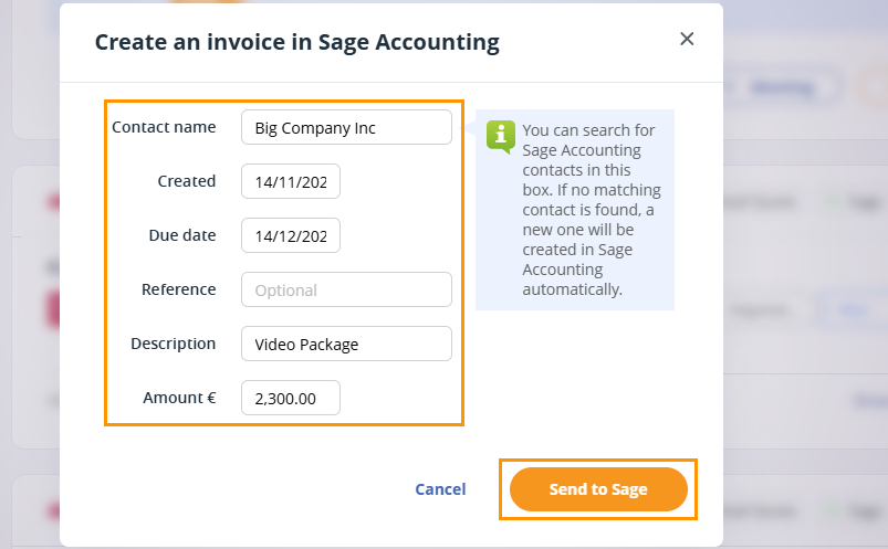 Pop-up window to create an invoice in Sage Accounting