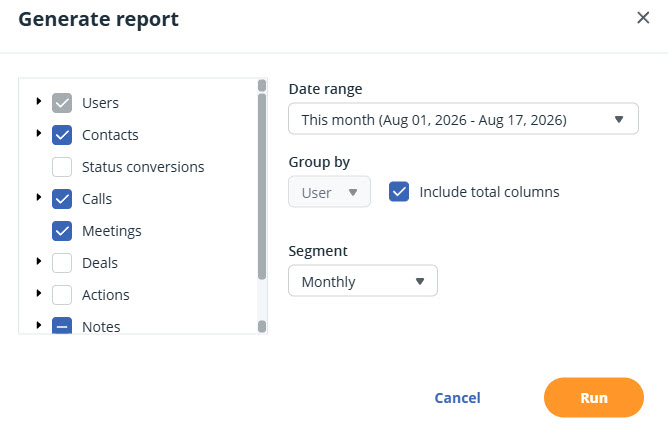 Custom Report | Generate report | Run