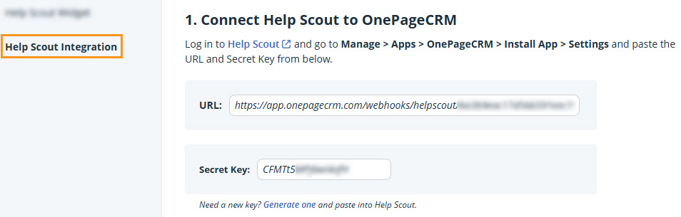 OnePageCRM | Help Scout integration | URL / Secret Key