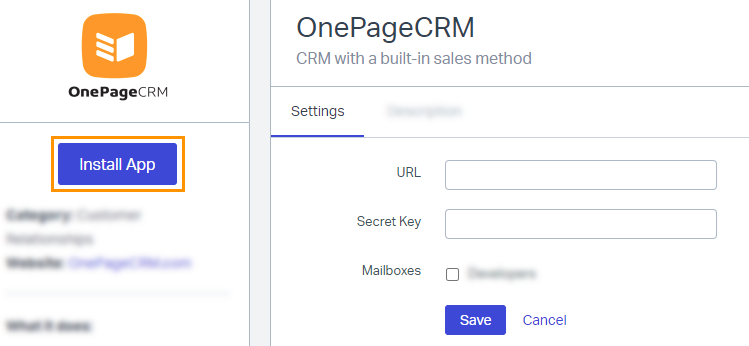 Help Scout | Manage | Apps | OnePageCRM | URL / Secret Key / Mailboxes